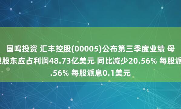 国鸣投资 汇丰控股(00005)公布第三季度业绩 母公司普通股股东应占利润48.73亿美元 同比减少20.56% 每股派息0.1美元